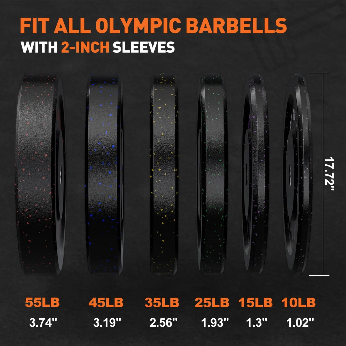 Olympic Bumper Plates, 10lb to 55lb Fleck-Rubber Weight Plates C18144