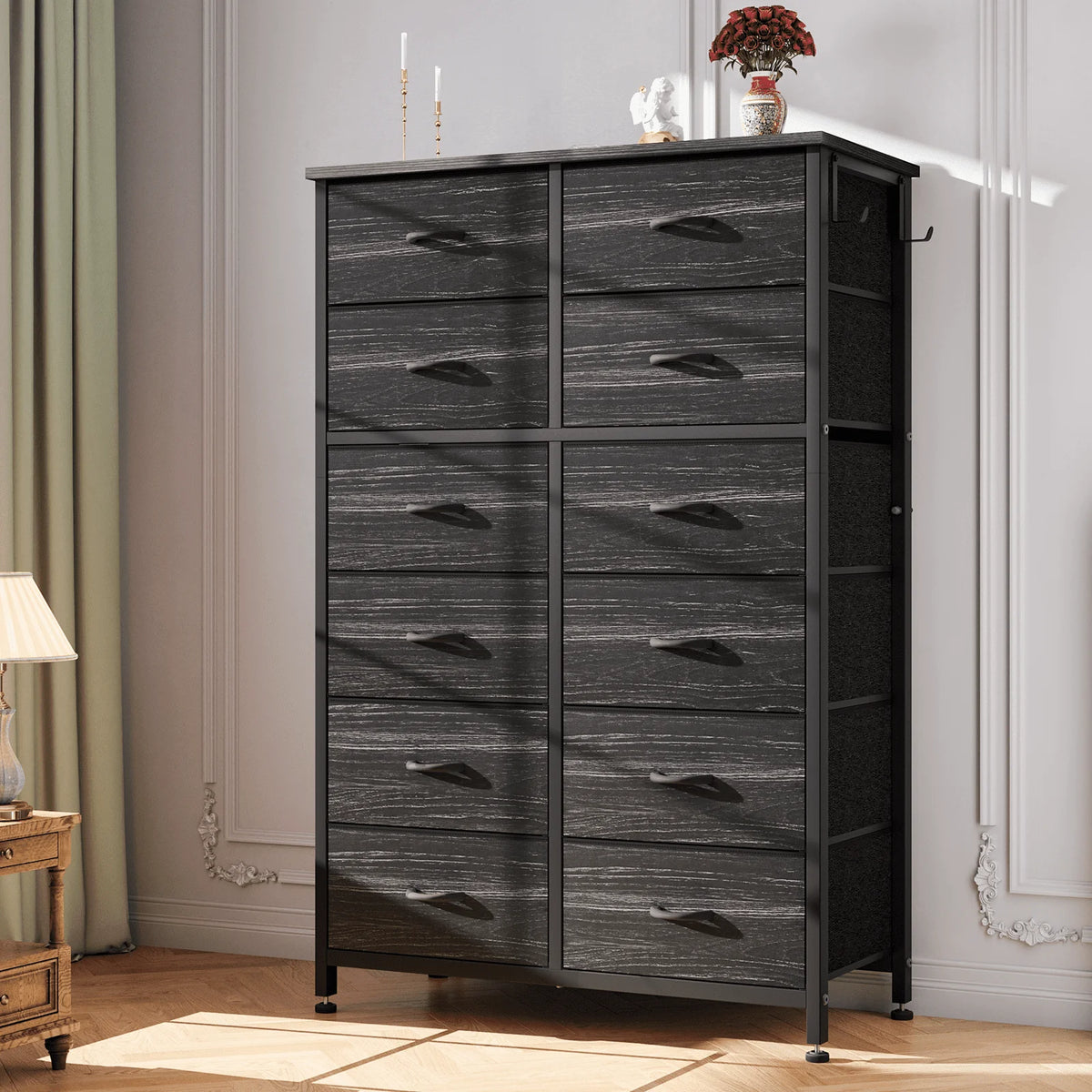 12 Drawer Fabric Dresser with Steel Frame and Wooden Top N382