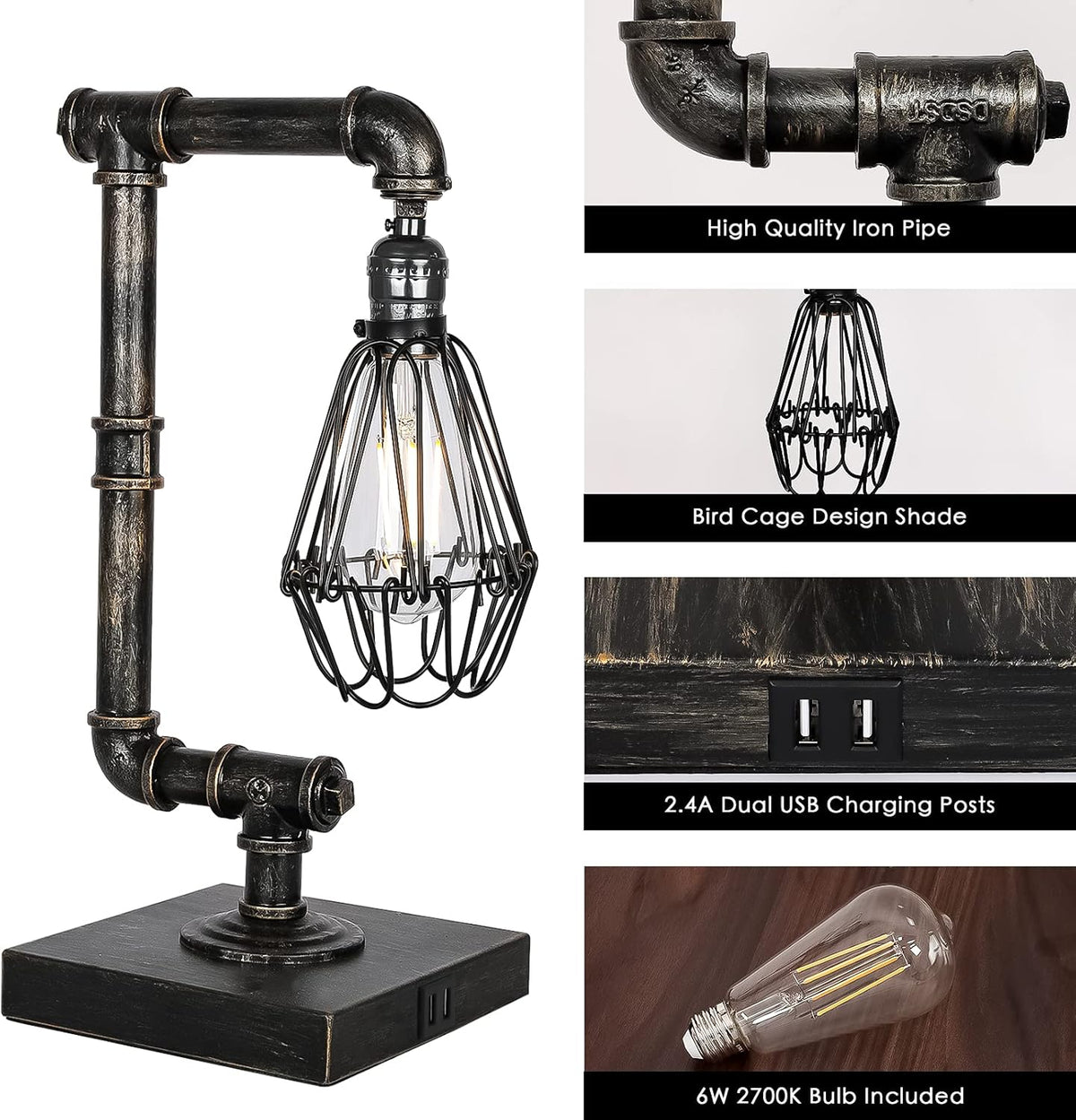 Industrial Touch Control Dimmable Table Lamp with USB Ports G198