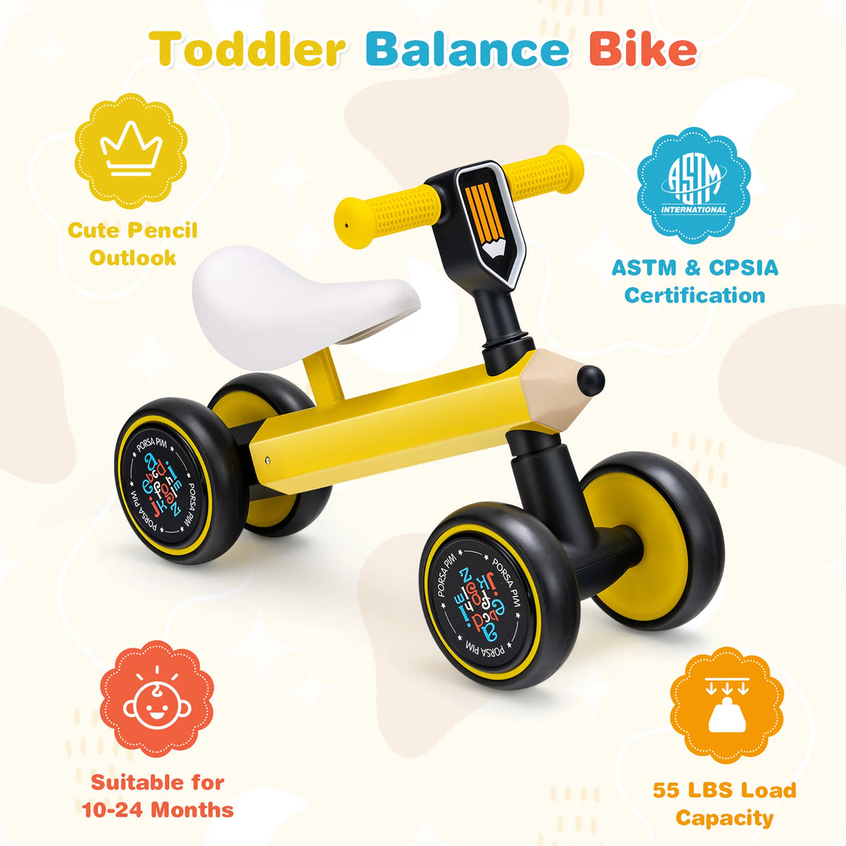 Baby Balance Bike No Pedal Yellow F793