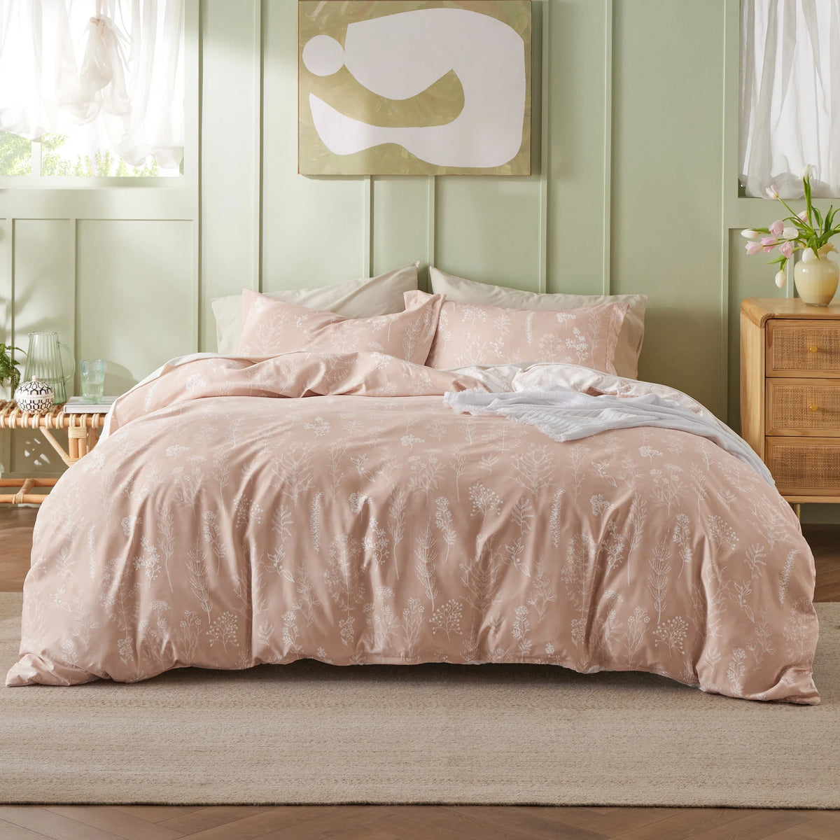 Sage Green Floral Queen Size Comforter Set Q732