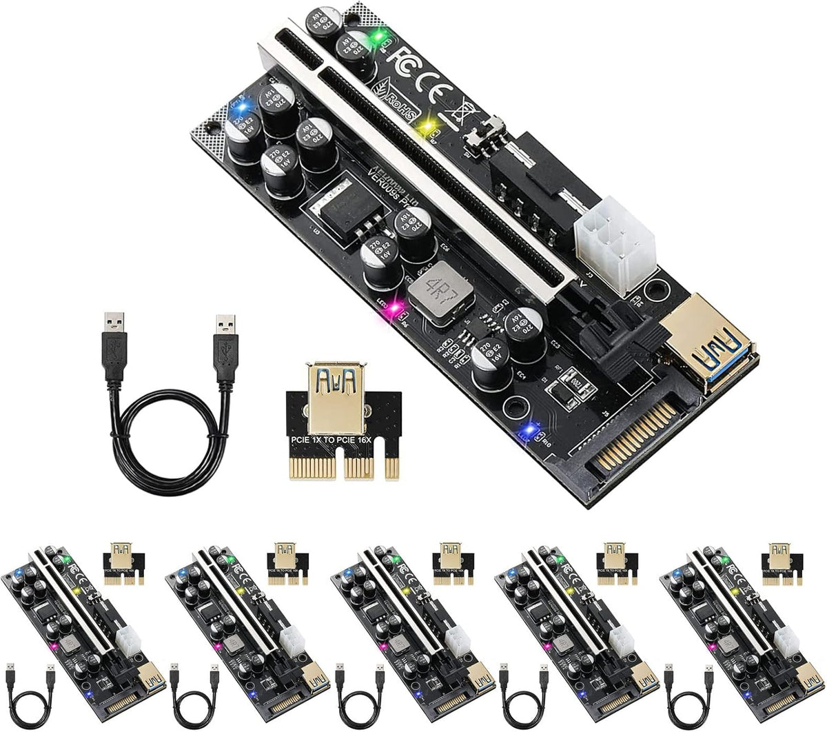 PCIE Riser with 6PIN SATA Power Cable and 60cm USB 3.0 Cable, 6 Pack Q807