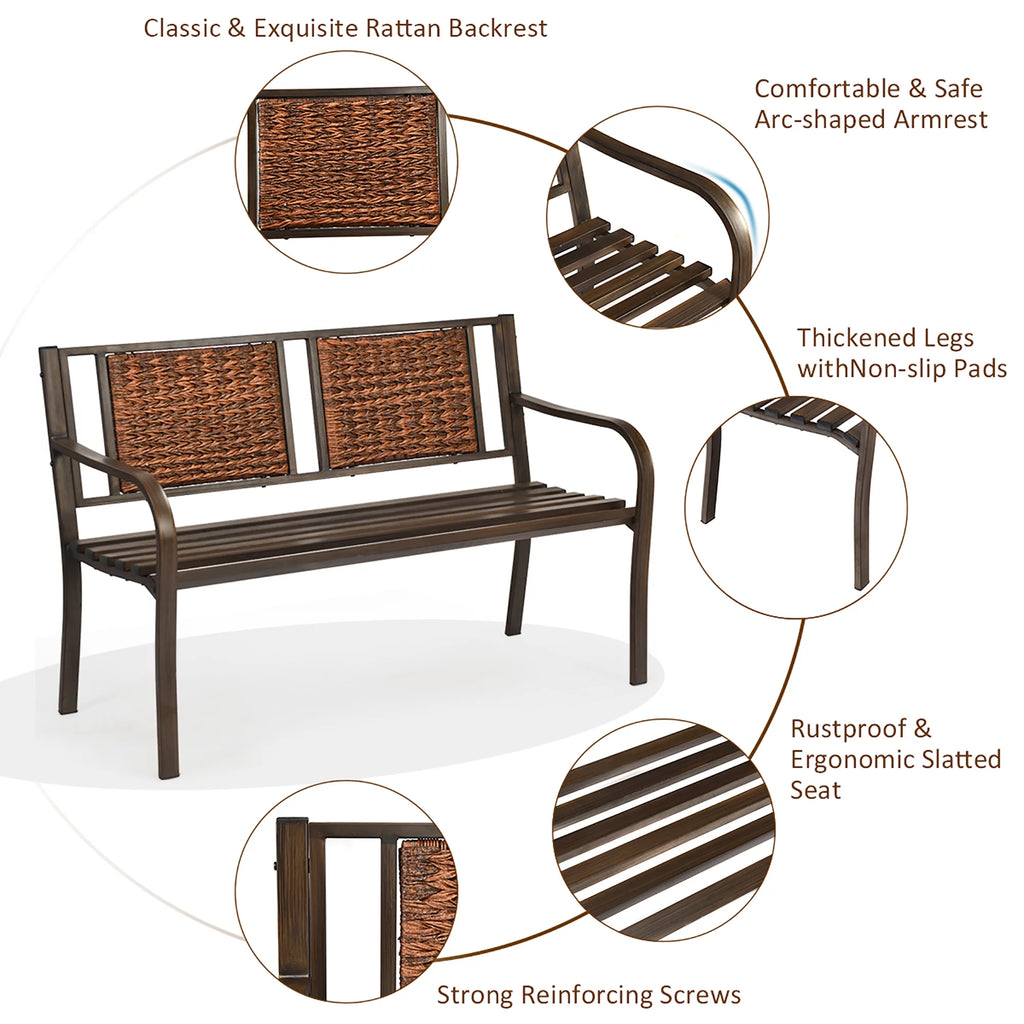 Patio Garden Bench Steel Frame Rattan Backrest C82332