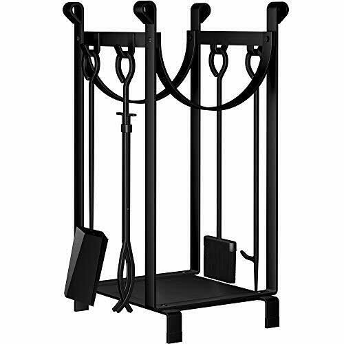 30.7in Tall Black Wrought Iron Fireplace Log Rack with 4 Tools U536594