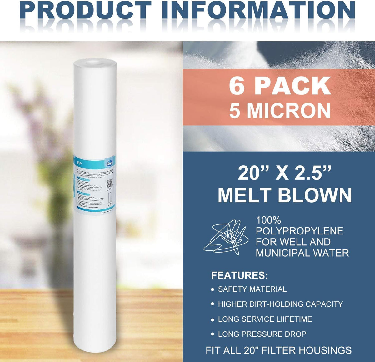 5 Micron Sediment Water Filter Replacement Polypropylene Cartridge 20 x 2.5 - 6 Pack S2839