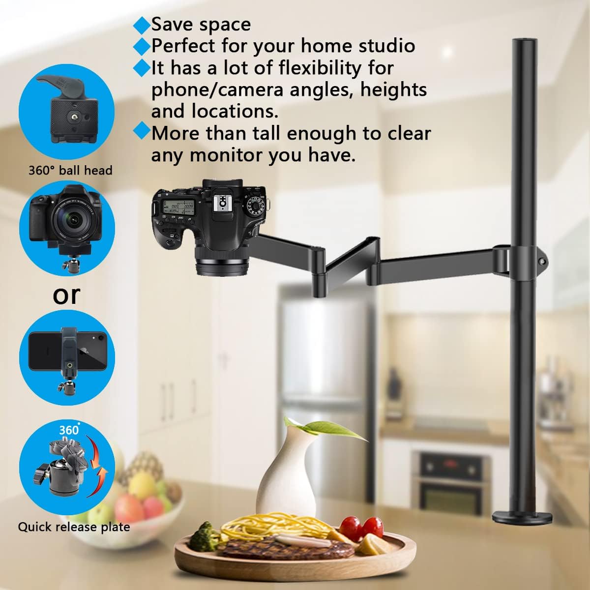 Overhead Camera Mount Rig Stand with Flexible Arm and 360° Ball Head J2972