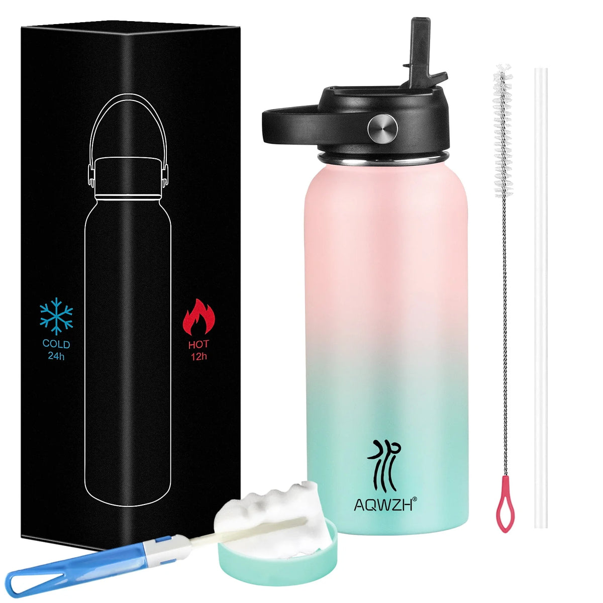 Black 40 oz Insulated Stainless Steel Water Bottle with Straw G29176