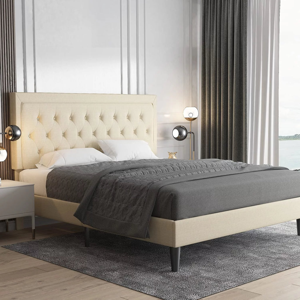 Queen Size Upholstered Platform Bed with Adjustable Headboard A51736