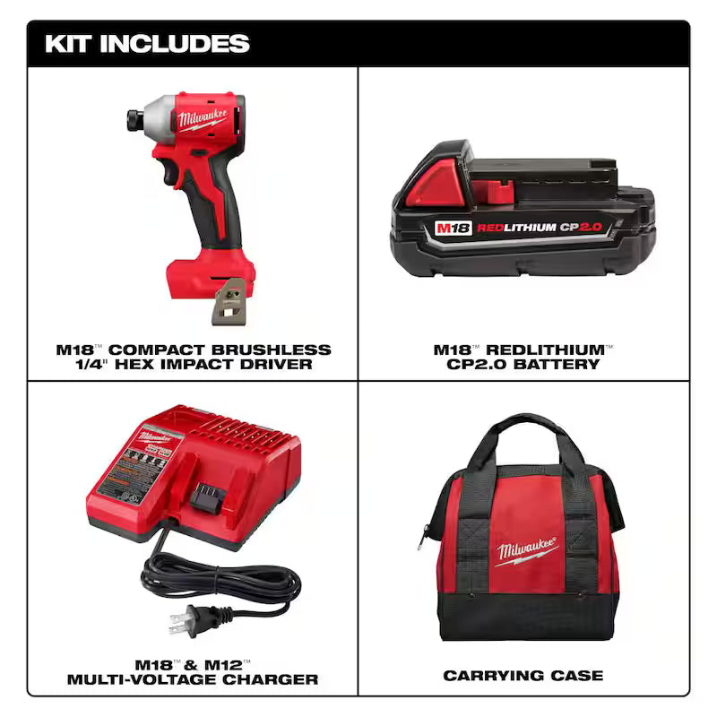 18-Volt Lithium-Ion Compact Brushless Cordless 1/4 in. Impact Driver Kit with 2.0 Ah Battery X9088