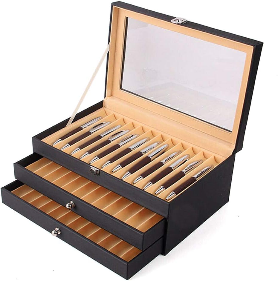 Black Leather Flannel 36 Piece Pen Display Box with Lid Z30275