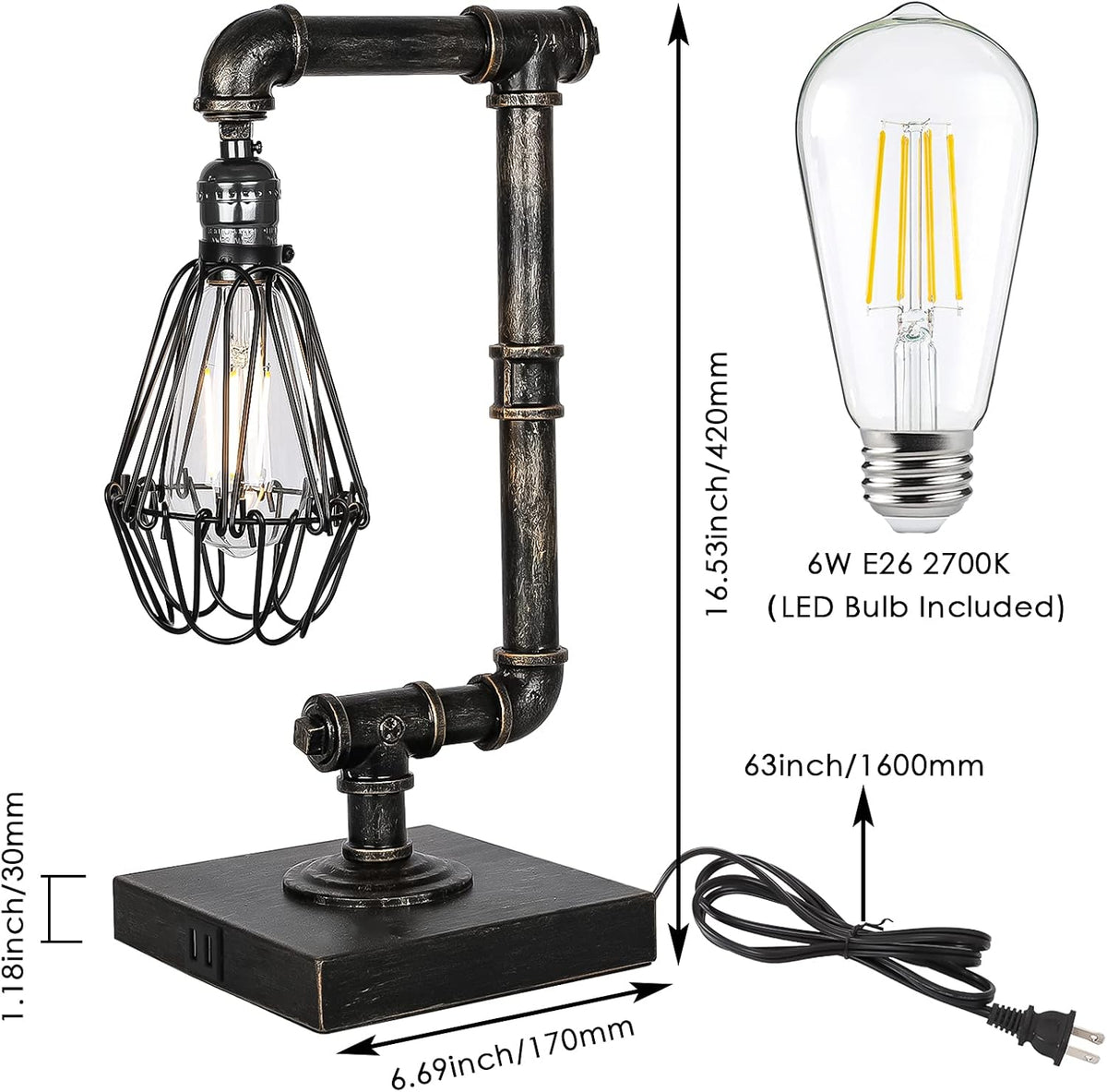 Industrial Touch Control Dimmable Table Lamp with USB Ports G198
