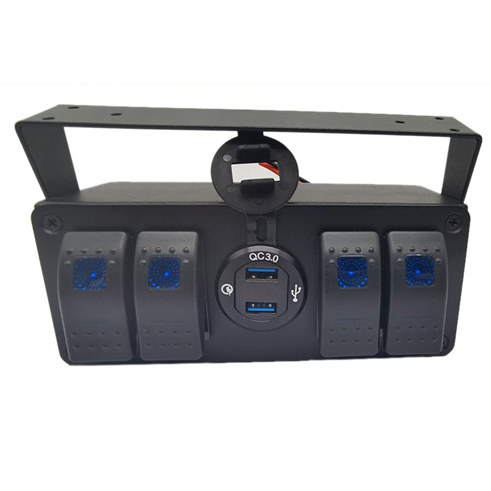 4 Gang Rocker Toggle Switch Panel USB Quick Charger Voltmeter Blue Led Pre-Wired Surface Mount Box K319124