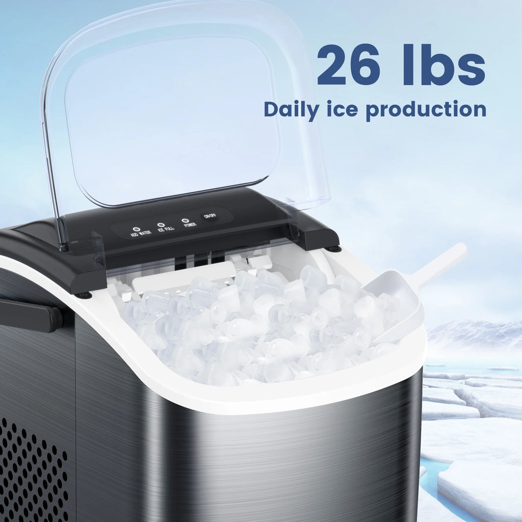 Black Stainless Steel Countertop Ice Maker with Scoop & Basket B526