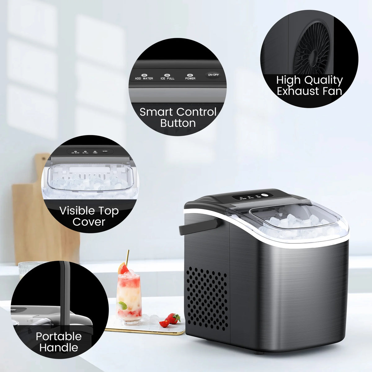 Black Stainless Steel Countertop Ice Maker with Scoop & Basket B526