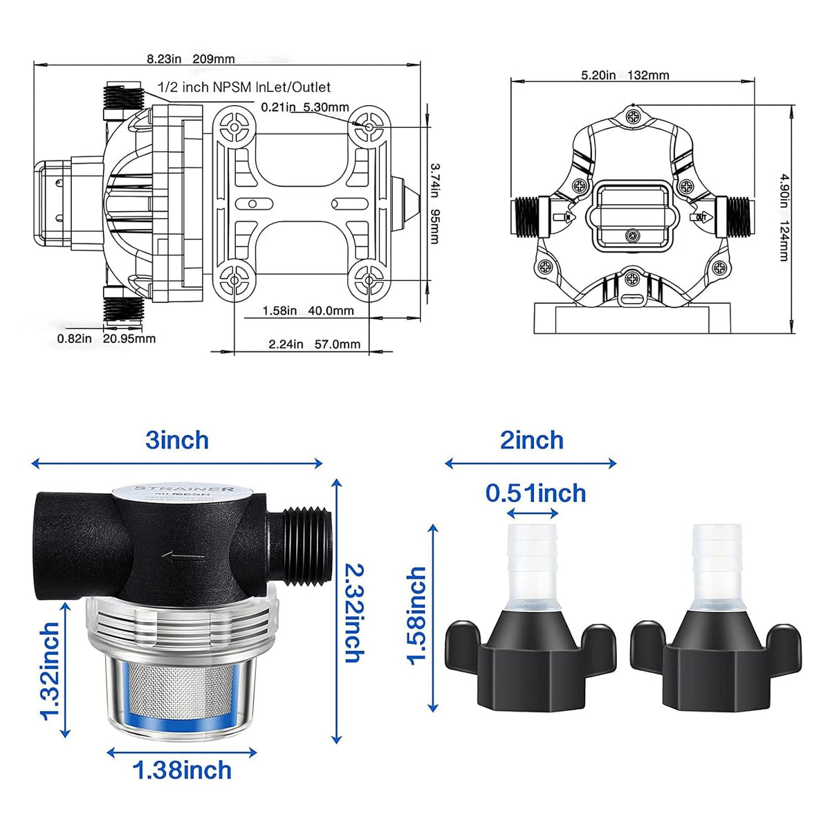 12V Diaphragm Water Pump with Pressure Switch 3.5 GPM 45 PSI K3296