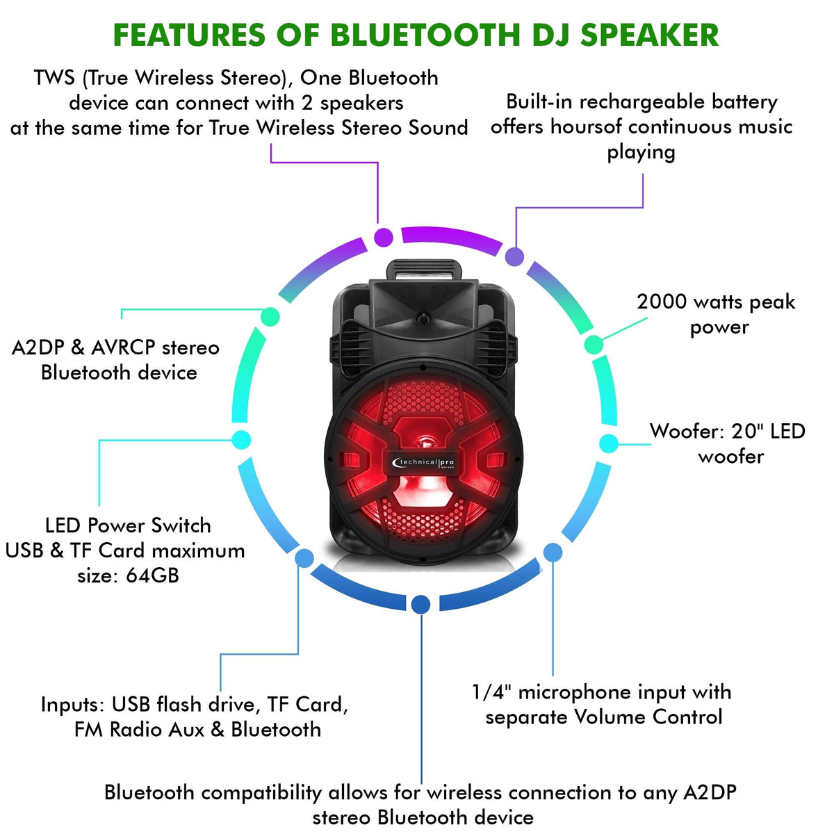 Rechargeable Bluetooth LED Speaker with USB/SD Card & FM Radio H884