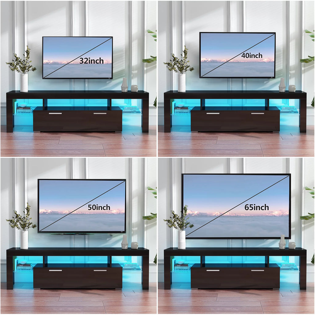 Black TV Stand with LED Lights and Storage Cabinets and Shelves H2634