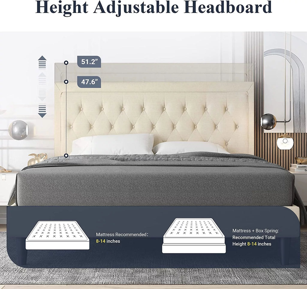 Queen Size Upholstered Platform Bed with Adjustable Headboard A51736
