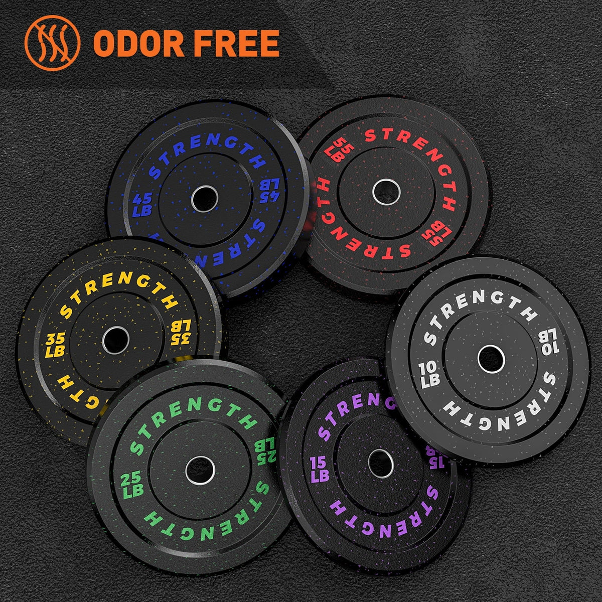 Olympic Bumper Plates, 10lb to 55lb Fleck-Rubber Weight Plates C18144