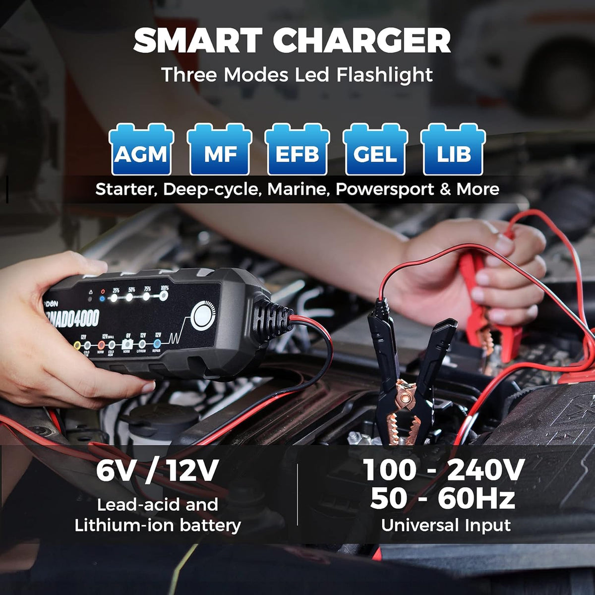 Car Battery Charger 4A/1A 6V/12V for Lead-Acid/Lithium ion Batteries H656