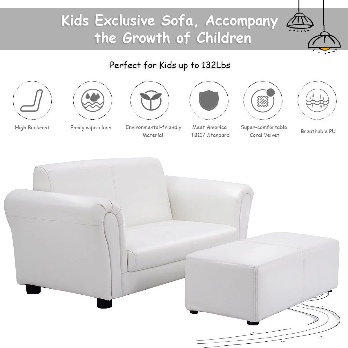 White Kids Sofa Armrest Chair with Ottoman Y381697