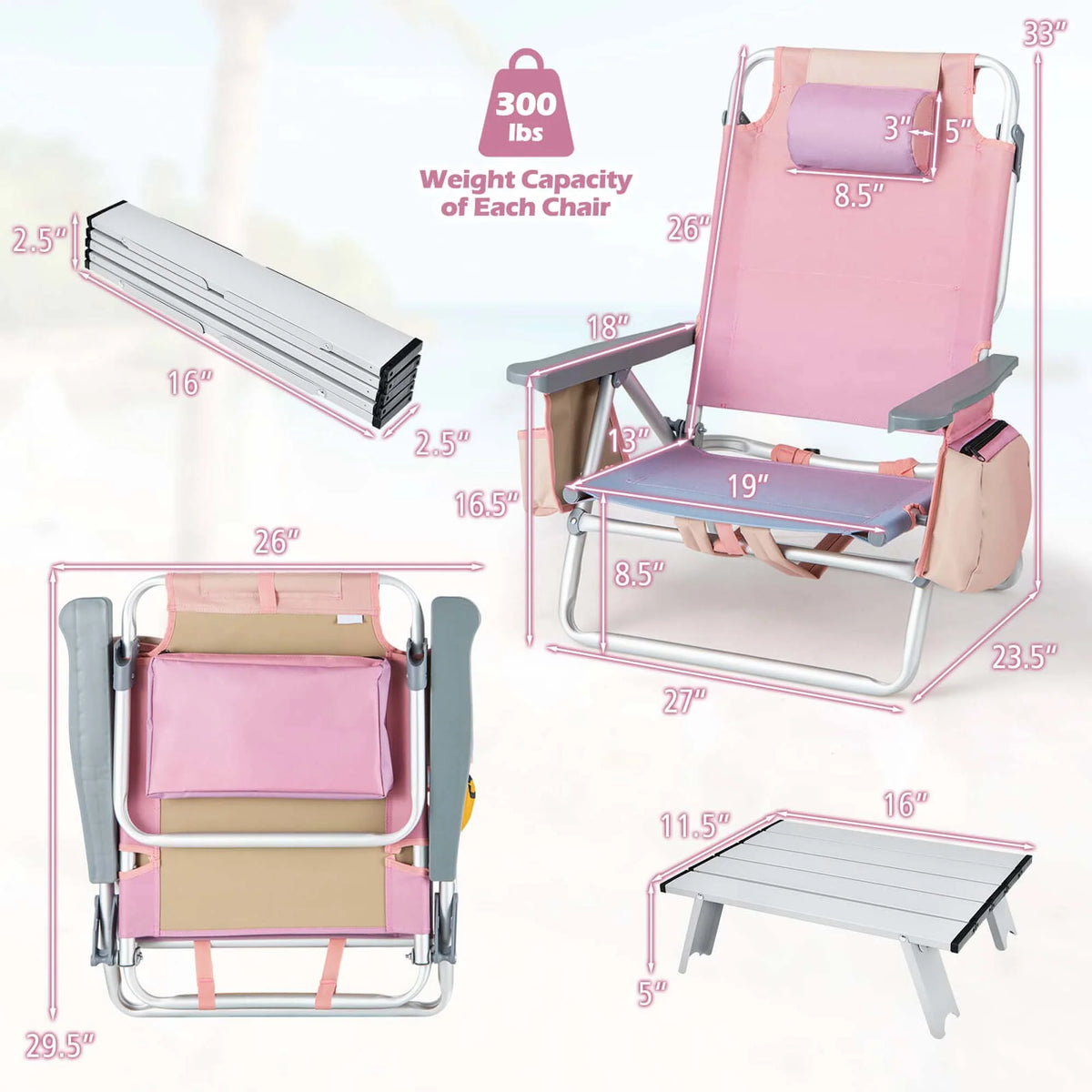 2-Pack Folding Backpack Beach Chair Pink U156101