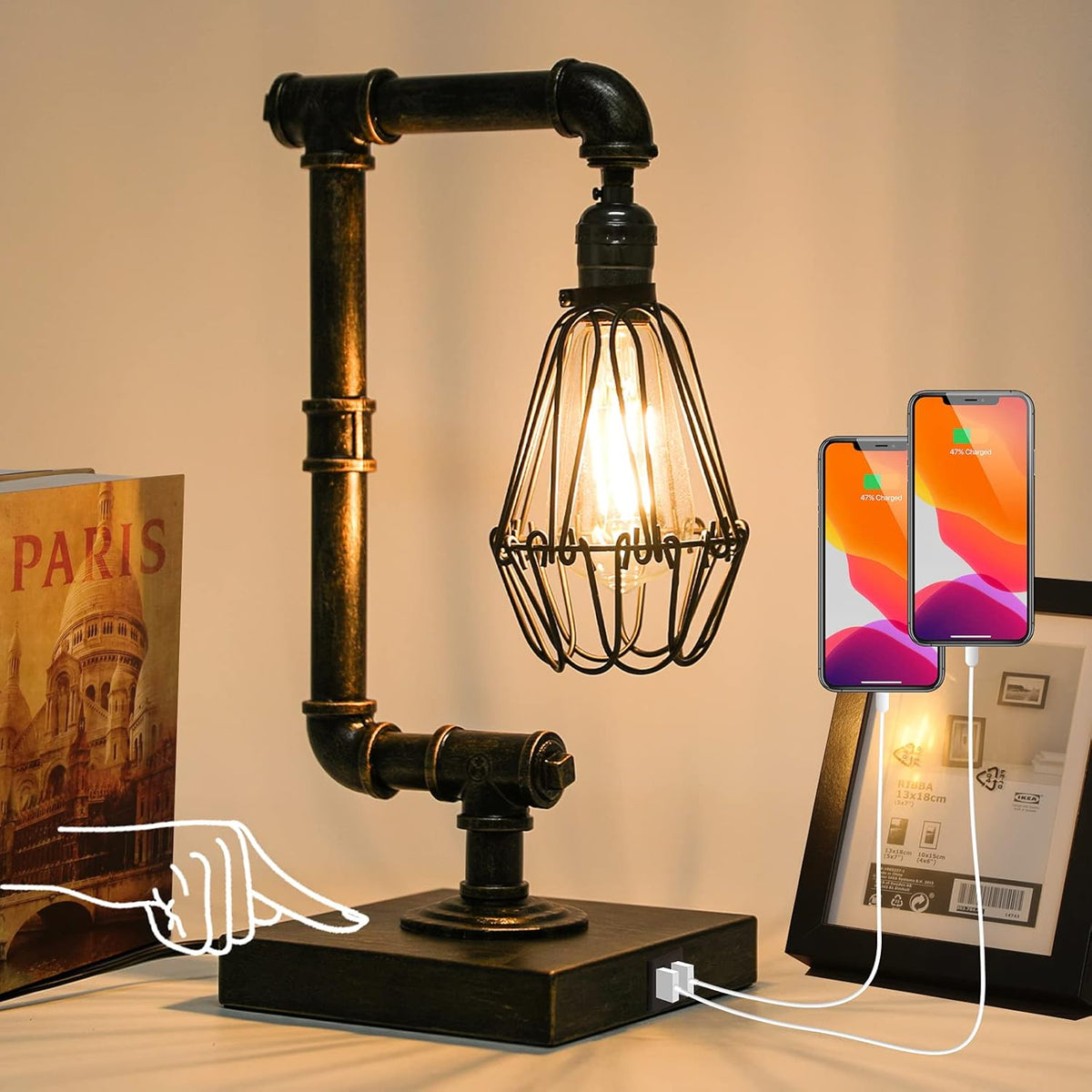Industrial Touch Control Dimmable Table Lamp with USB Ports G198