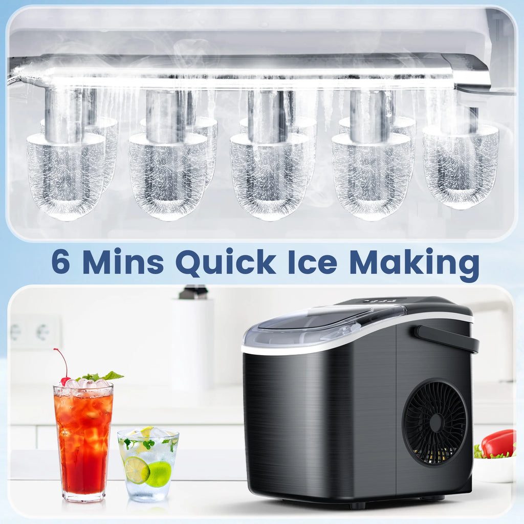 Black Stainless Steel Countertop Ice Maker with Scoop & Basket B526