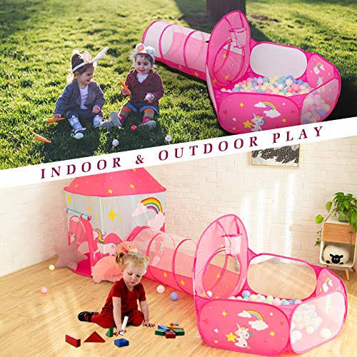 3pcs Kids Play Tent, Crawl Tunnel & Ball Pit with Basketball Hoop B38165