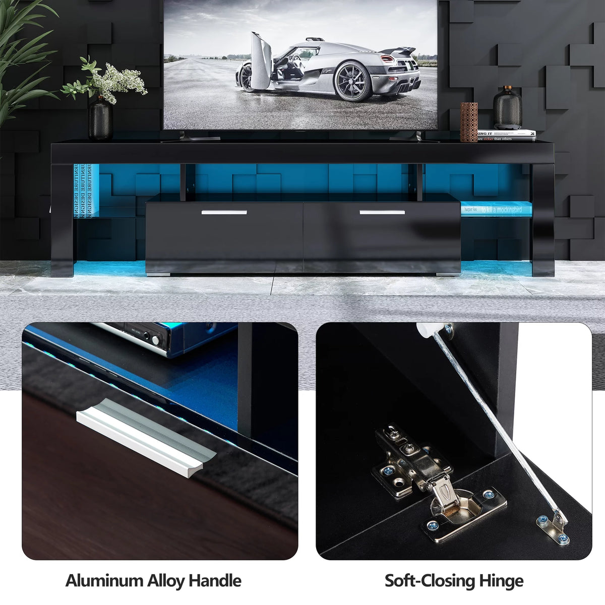 Black TV Stand with LED Lights and Storage Cabinets and Shelves H2634