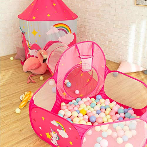 3pcs Kids Play Tent, Crawl Tunnel & Ball Pit with Basketball Hoop B38165
