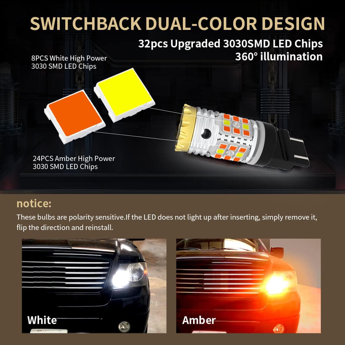 4257 LED Bulb Switchback Front Turn Signal Canbus Ready Built in Resistor Amber Blinker White Daytime Running Light DRL 2 Pack A889372