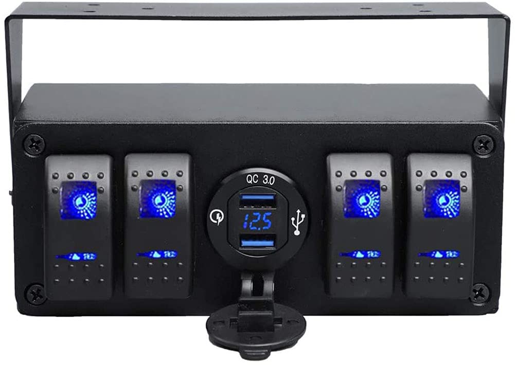 4 Gang Rocker Toggle Switch Panel USB Quick Charger Voltmeter Blue Led Pre-Wired Surface Mount Box K319124
