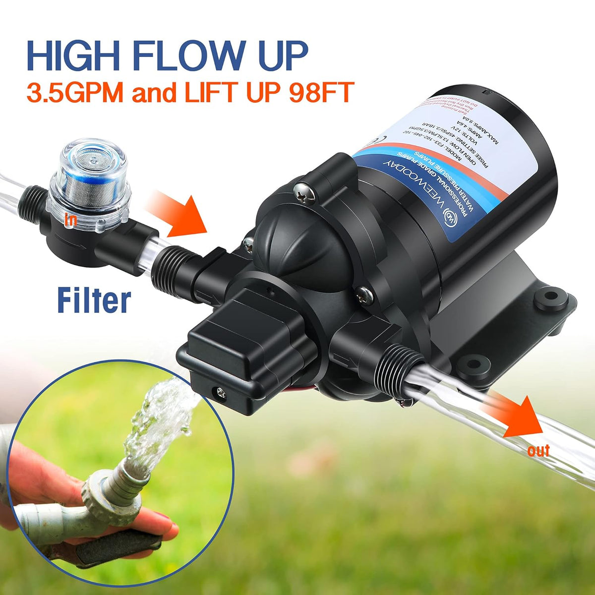 12V Diaphragm Water Pump with Pressure Switch 3.5 GPM 45 PSI K3296
