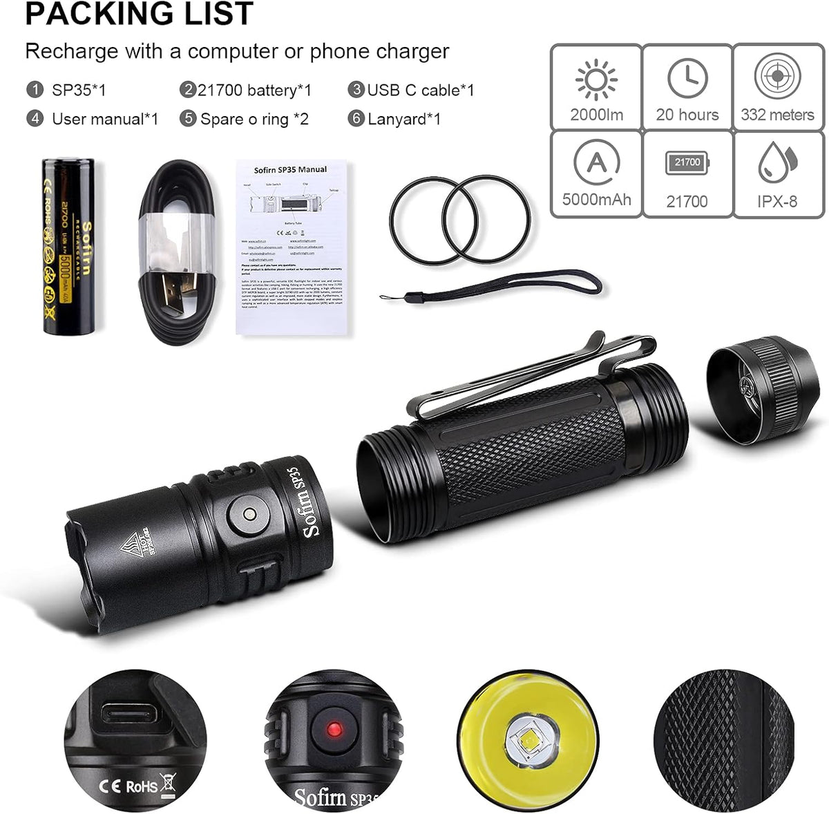 Rechargeable LED Flashlight 2000 Lumen 6500K G730