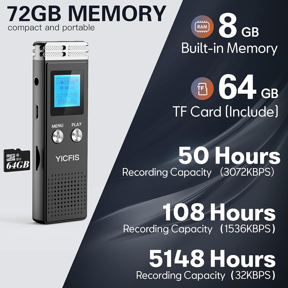 72GB Voice Activated Recorder with Noise Reduction Pack of 2 F210764