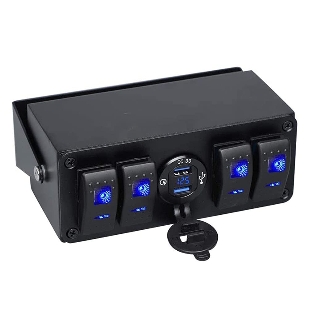4 Gang Rocker Toggle Switch Panel USB Quick Charger Voltmeter Blue Led Pre-Wired Surface Mount Box K319124