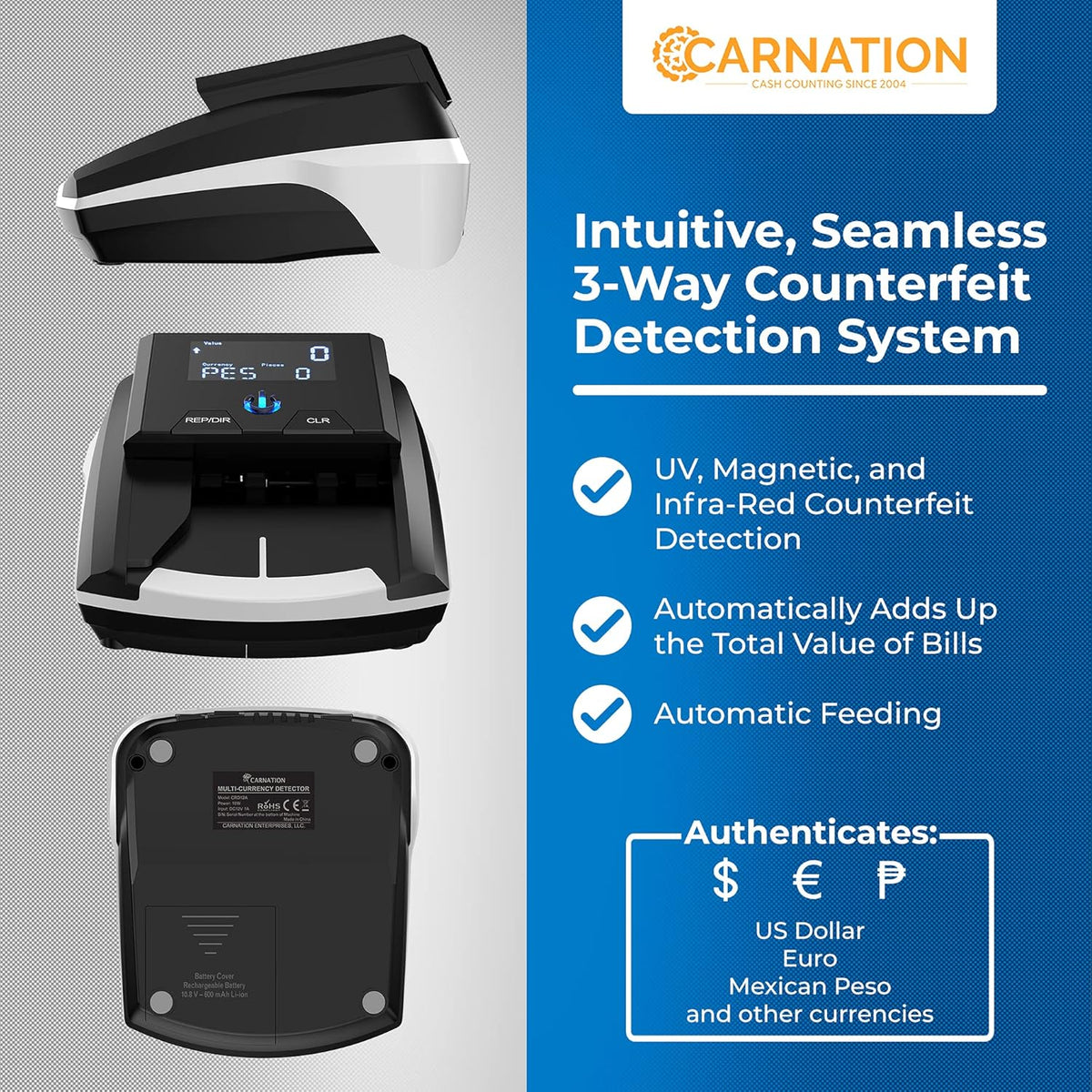 Counterfeit Bill Detector with Ultraviolet LED and Magnetic Ink Technology H323