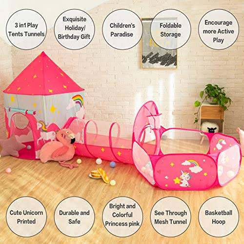 3pcs Kids Play Tent, Crawl Tunnel & Ball Pit with Basketball Hoop B38165