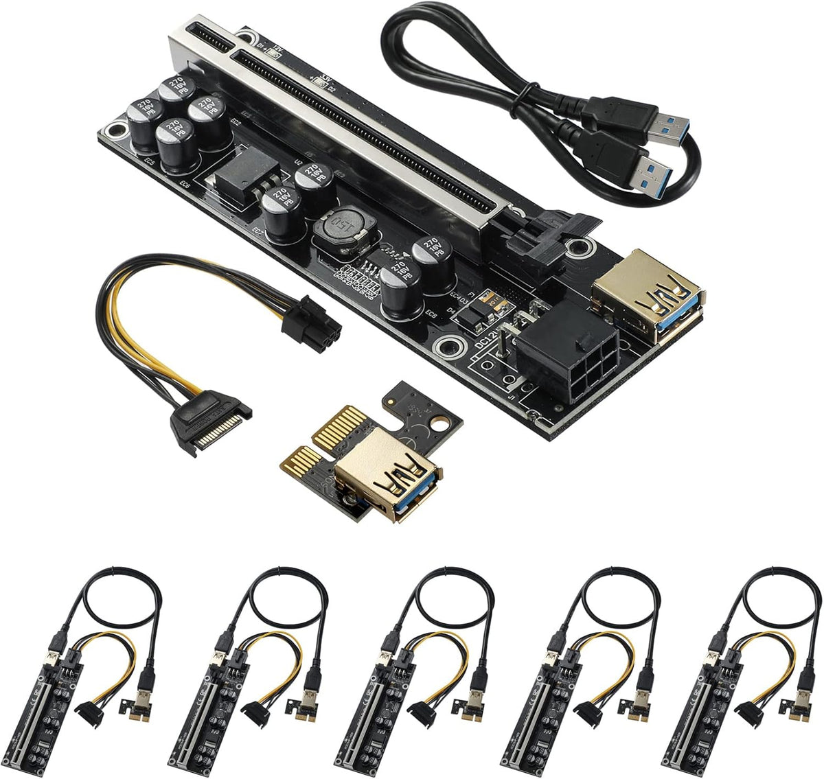 PCIE Riser with 6PIN SATA Power Cable and 60cm USB 3.0 Cable, 6 Pack Q807