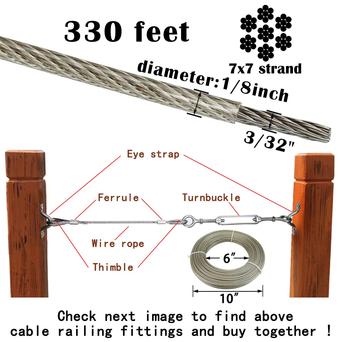 330ft 3/32'' Thru 1/8'' Vinyl Coated Wire Rope Galvanized Steel Cable 7x7 Strand O533239