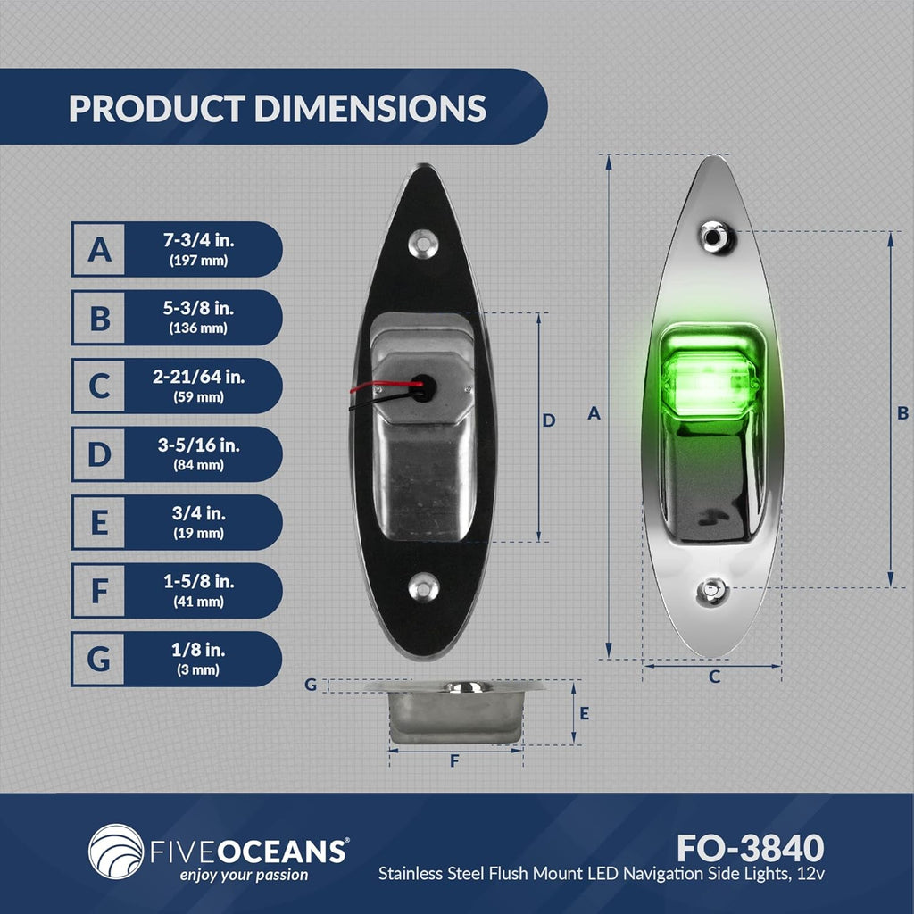 LED Navigation Side Lights, Green and Red, Stainless Steel, 12 Volts O709