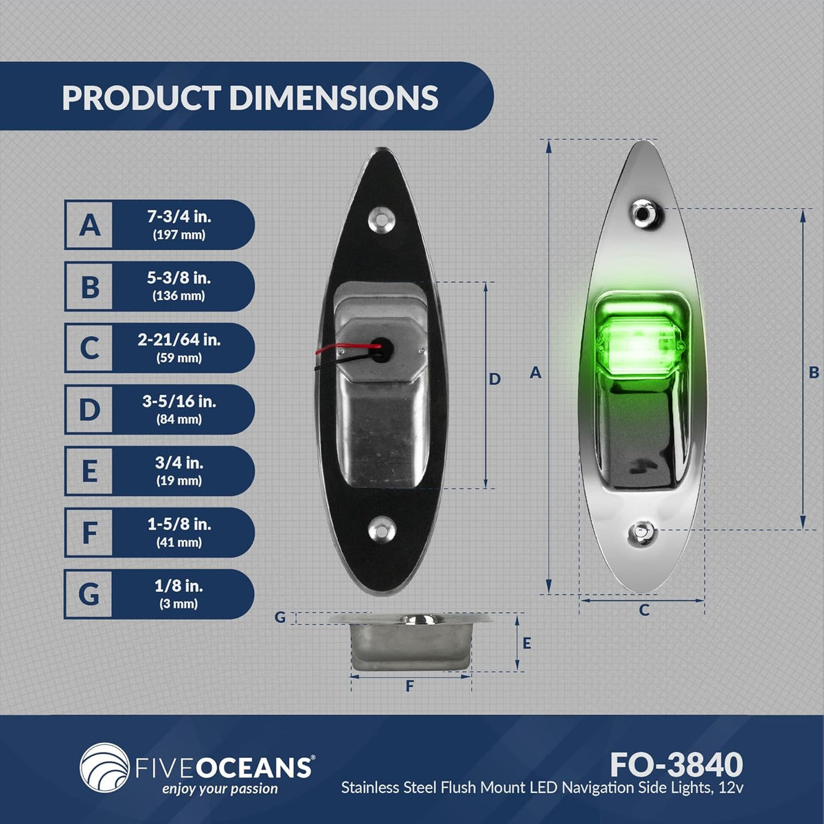 LED Navigation Side Lights, Green and Red, Stainless Steel, 12 Volts O709