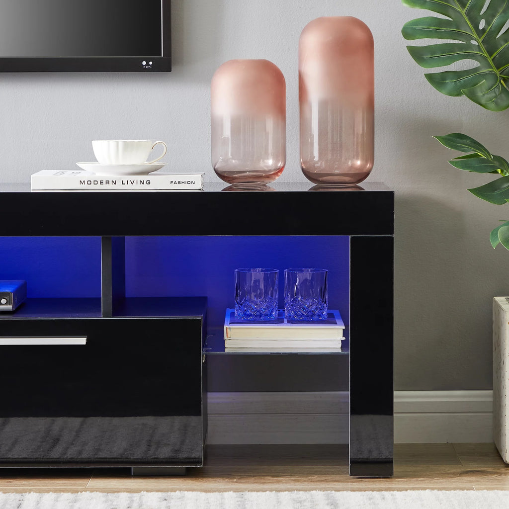 Black TV Stand with LED Lights and Storage Cabinets and Shelves H2634