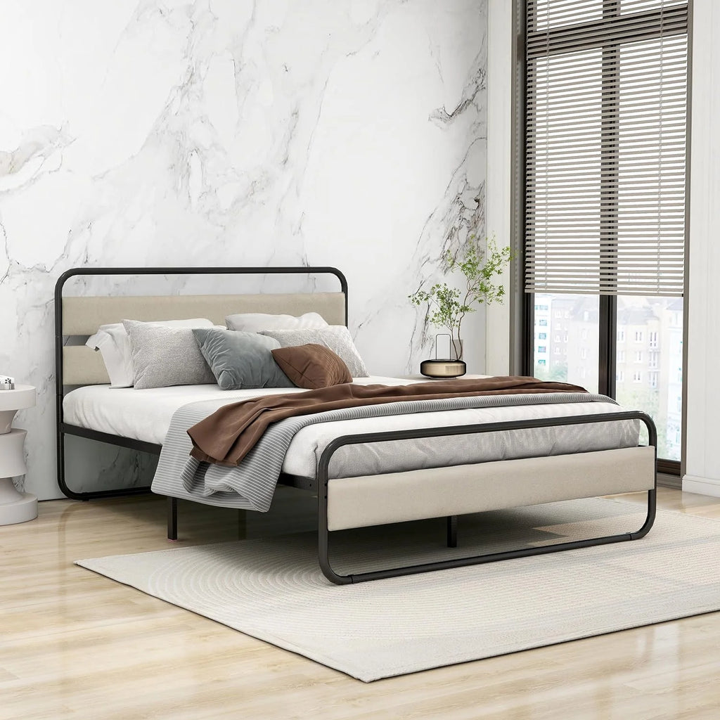 Queen Size Metal Platform Bed Frame with Upholstered Headboard L441