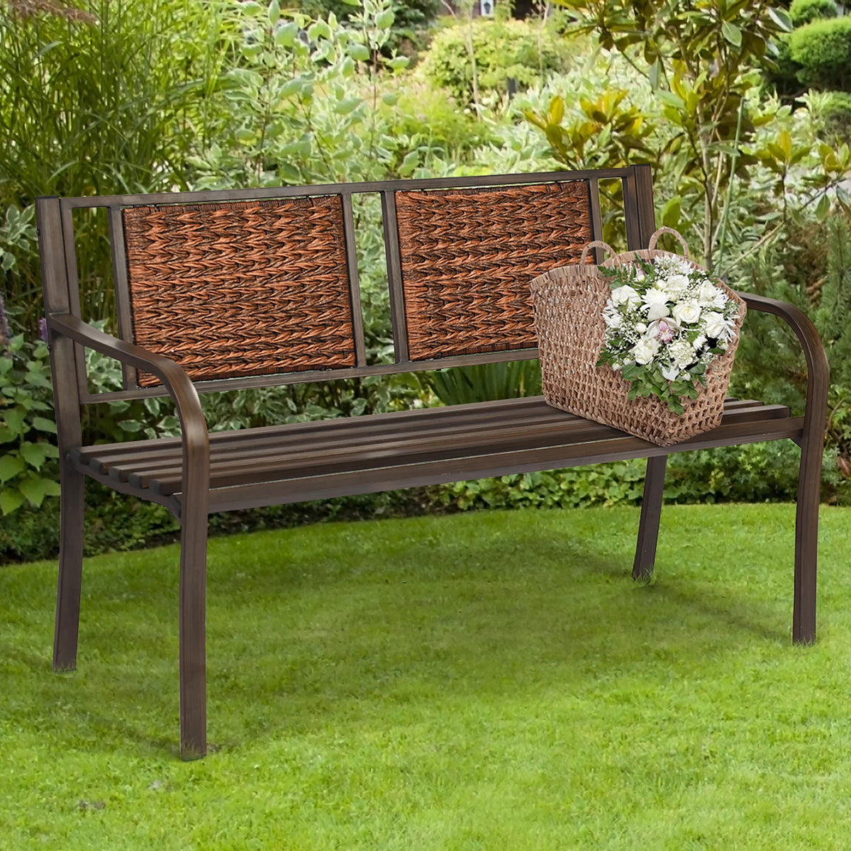 Patio Garden Bench Steel Frame Rattan Backrest C82332