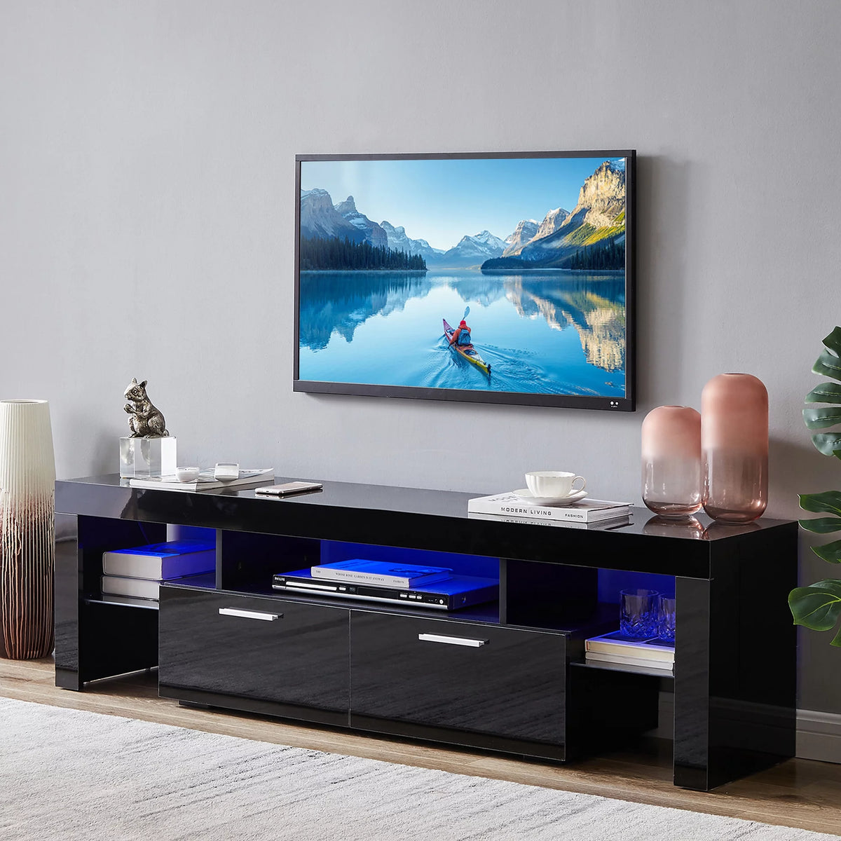 Black TV Stand with LED Lights and Storage Cabinets and Shelves H2634