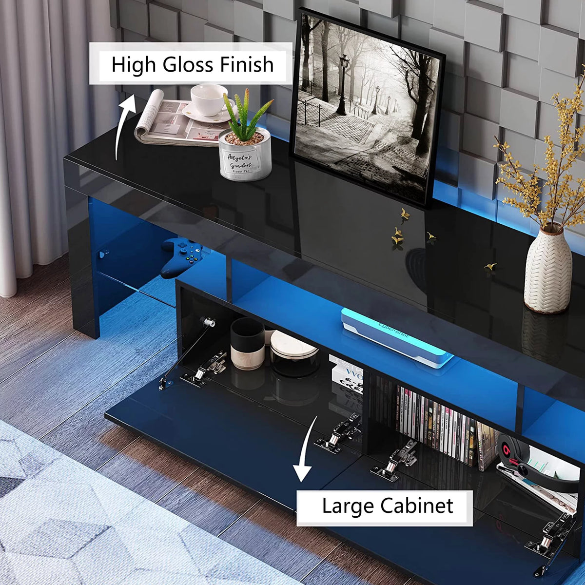 Black TV Stand with LED Lights and Storage Cabinets and Shelves H2634