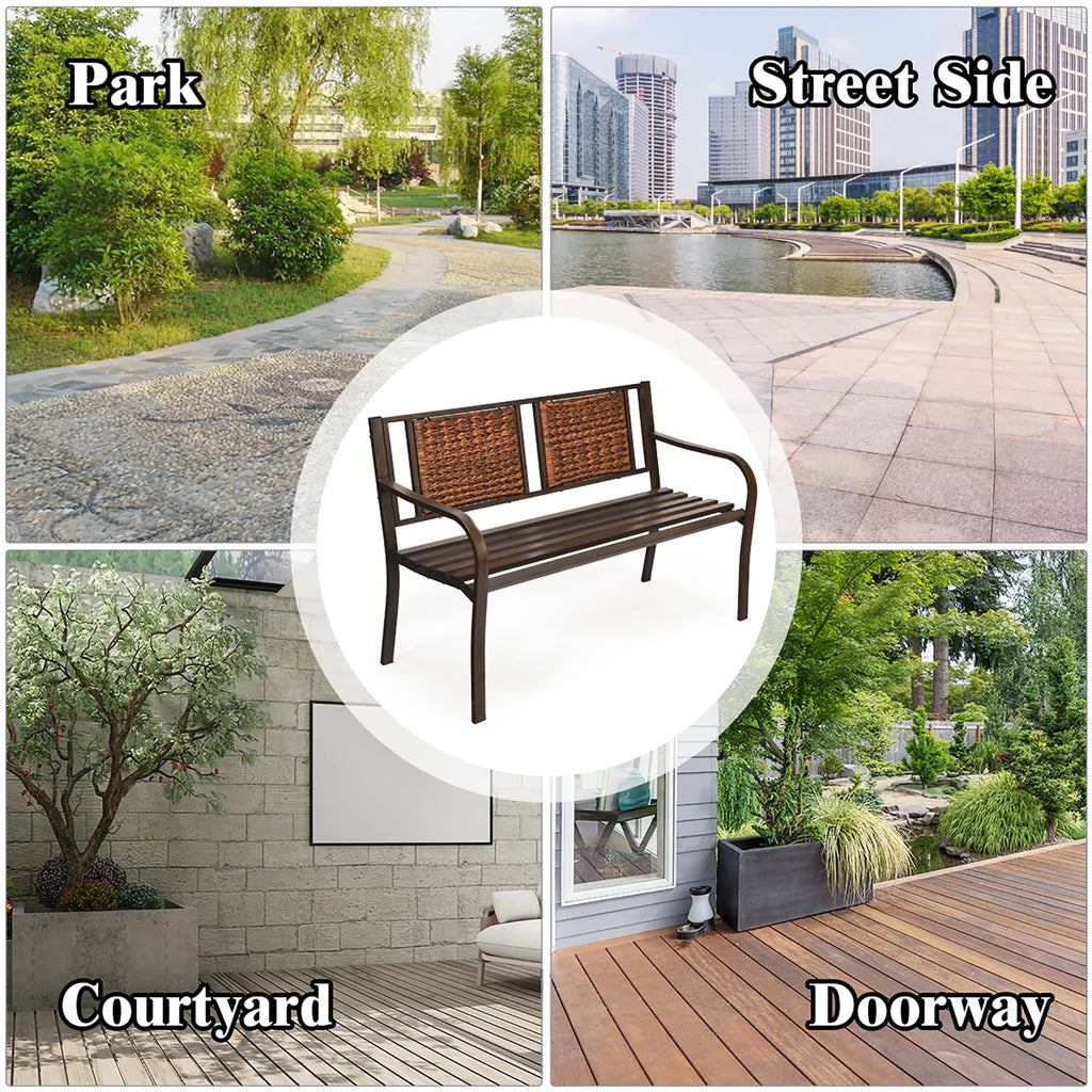Patio Garden Bench Steel Frame Rattan Backrest C82332