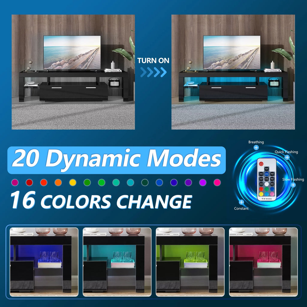 Black TV Stand with LED Lights and Storage Cabinets and Shelves H2634
